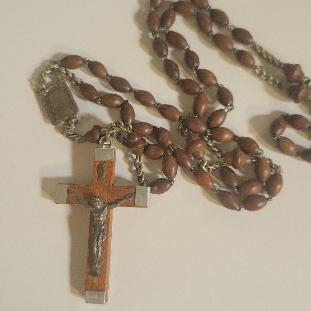 Vintage Lourdes France Wood Bead Rosary Silver Tone Crucifix 22 Inch Cottagecore